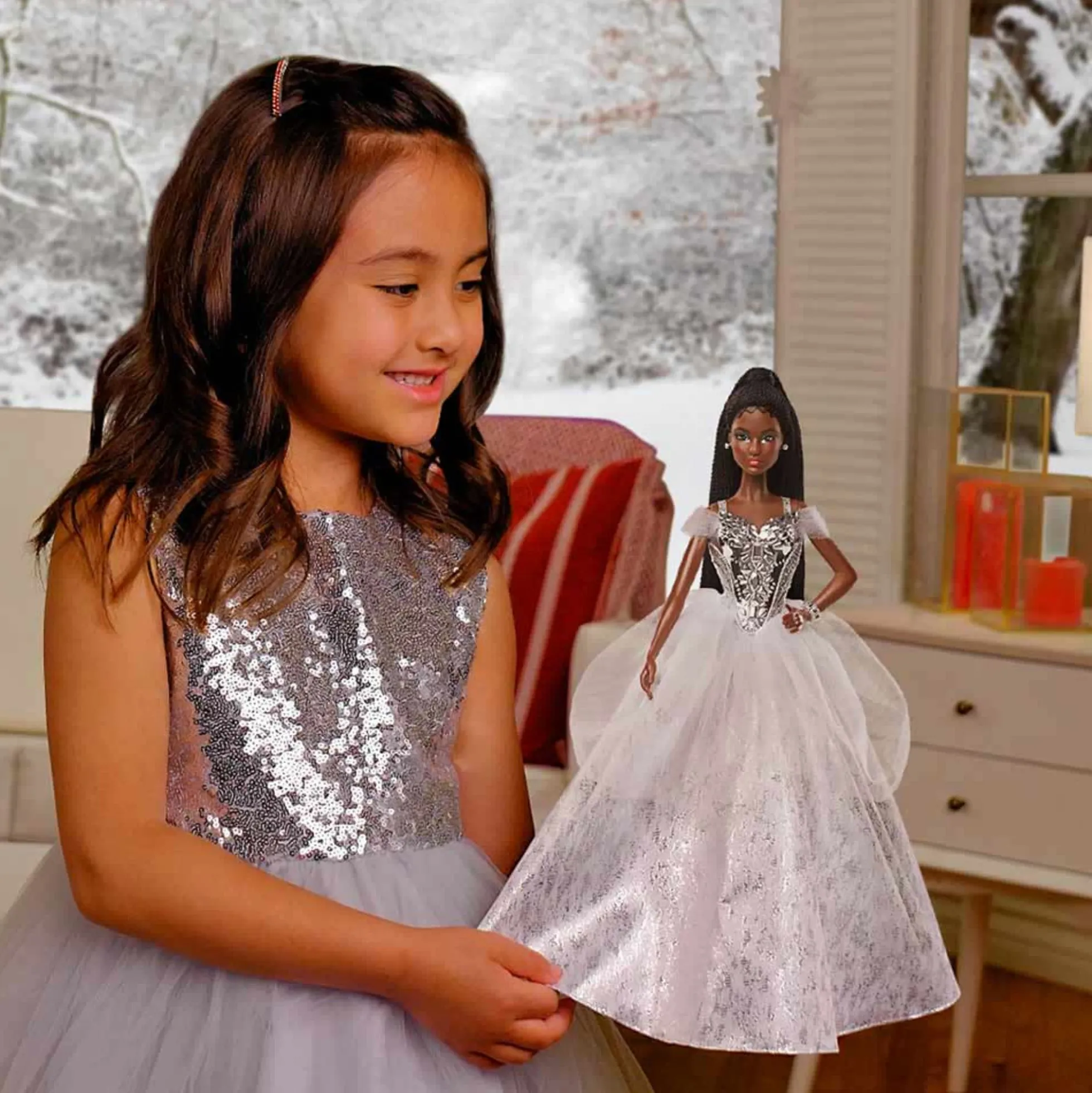 2021 Holiday Barbie Doll, Brunette Braids
